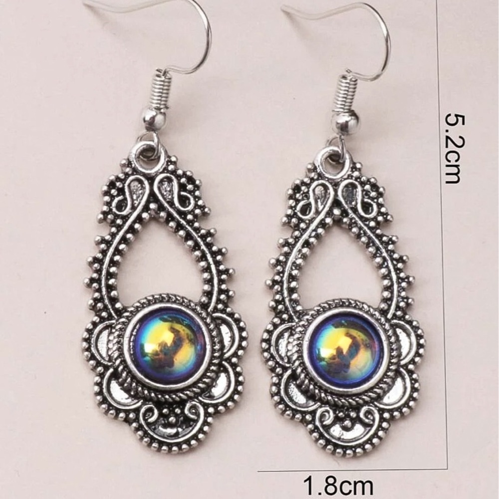 Any 2/$20! Antiqued Silver Iridescent Gem Boho Drop Earrings - Picture 3 of 5